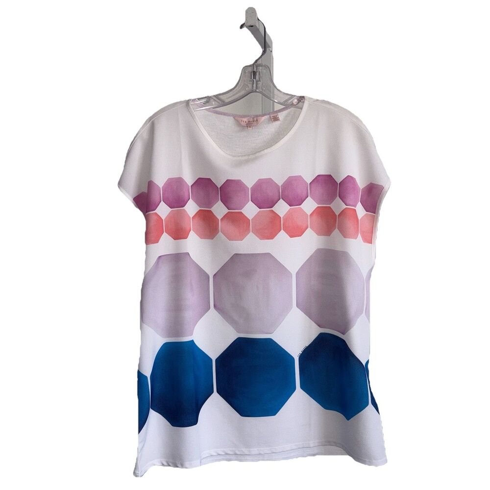 Ted Baker Rozey Top Geometric Jewel Print Mixed Media White Size 10 Boxy - Picture 2 of 12